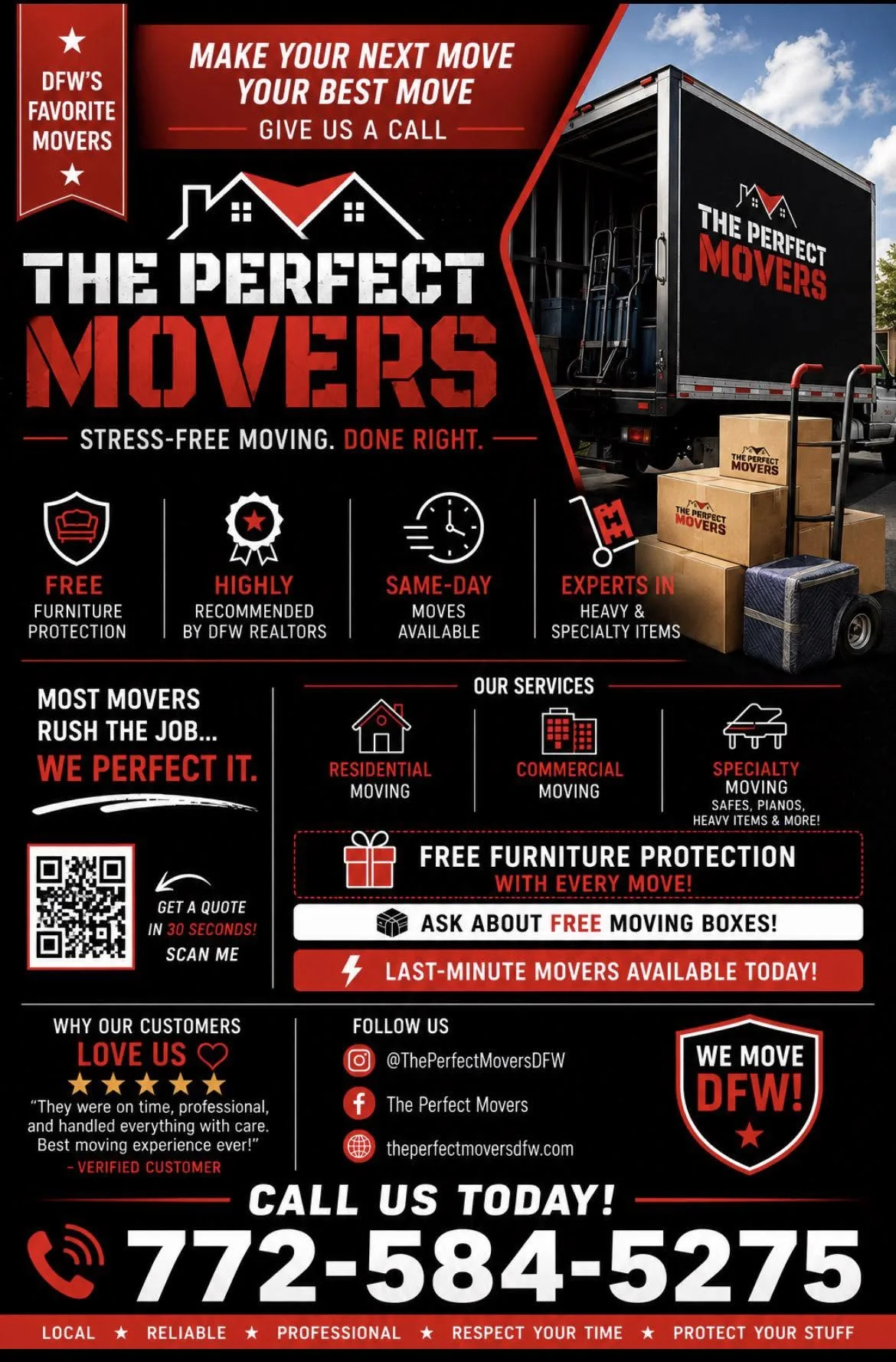 The Perfect Movers tall DFW flyer with truck and phone number